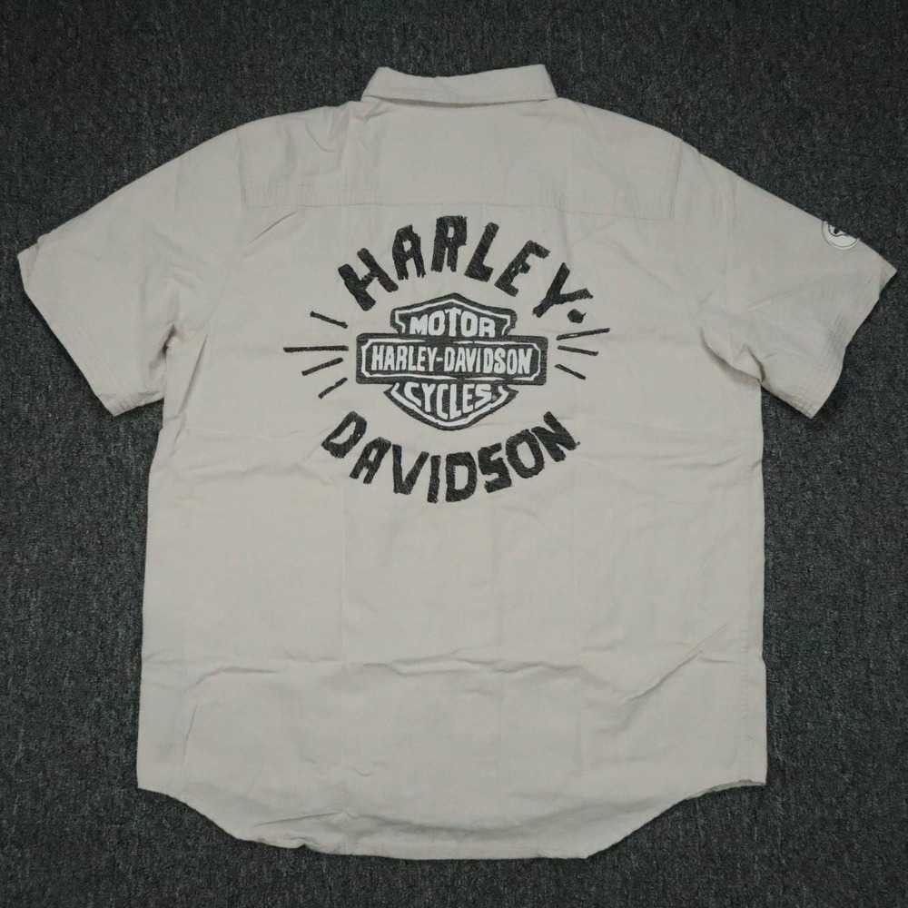 Harley Davidson Shirt Mens Large Stone Beige Short Sleeve Snap Biker Bar Shield